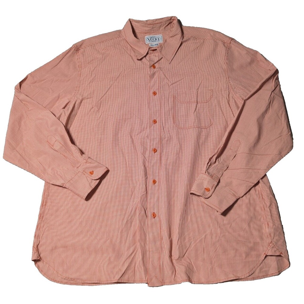 LUCKY BRAND Men 2XL Brick Red Mini Gingham Check‎ 100% Cotton Button Shirt EUC